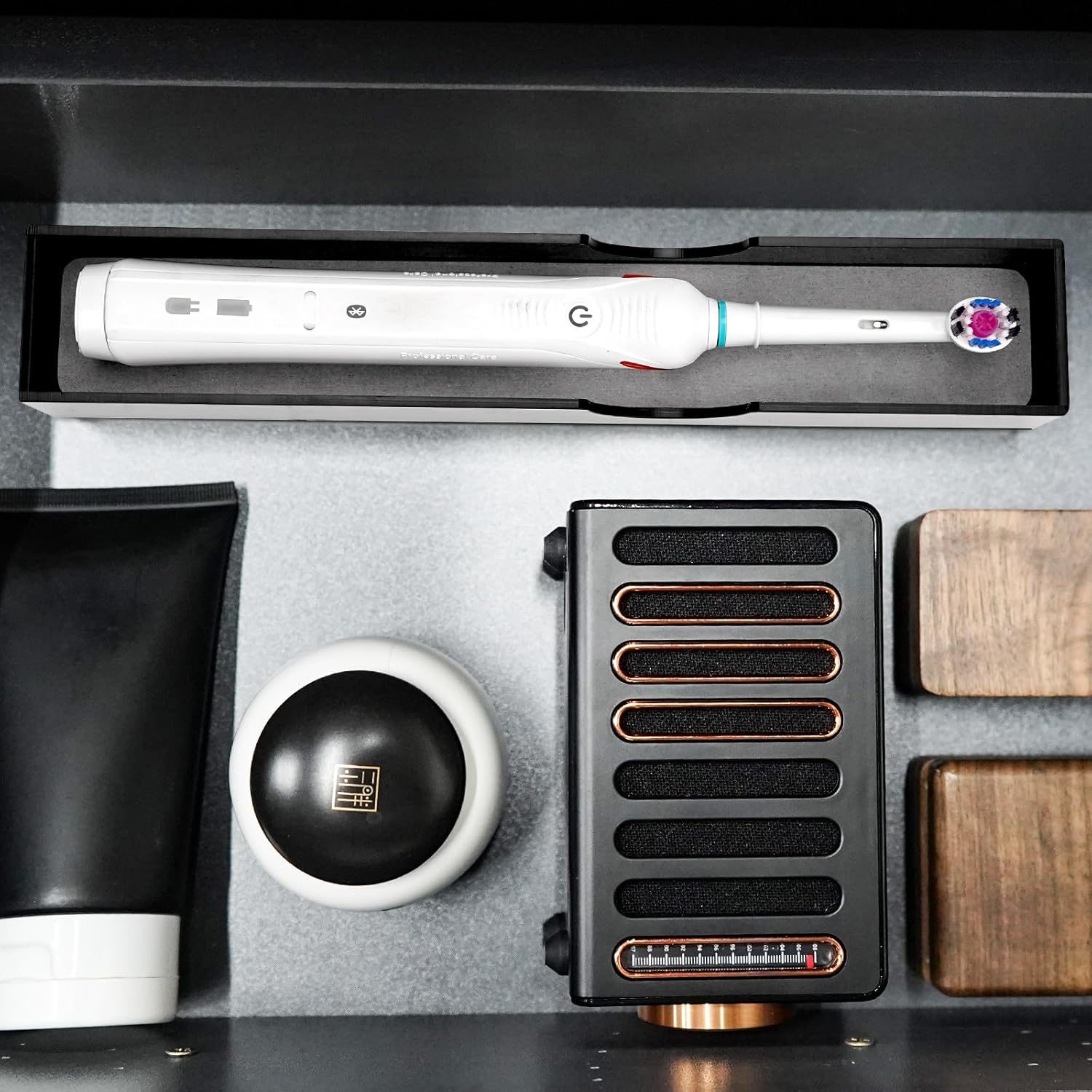 Acrylic Electric Toothbrush Holder with Diatomite Drying Stone, Bathroom Drawer Organizer with Drainage Hole for Tooth Brush, Compatible with Philips, Oral-B (Black)