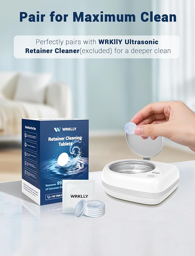 Retainer Cleaner Tablets (120 pcs), Denture Cleaning Tablets for Invisalign, Night Mouth Guard for Aligners, Remove Odors Stains and Plaque, Quick Cleanser, Mint Fresh Flavor, 4 Month Supply