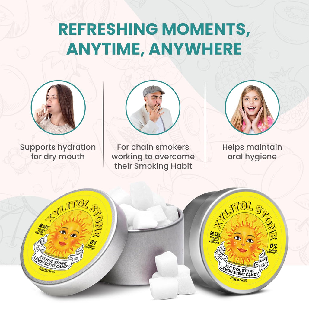 Xylitol Stone Sugar Free Candy - Vegan & Keto Friendly Unique Hard Candy Sugar-Free - 100% Natural Flavor Candies - Gluten Free & Non-GMO Breath Freshener Low Calorie Mints - Lemon (Pack of 2)