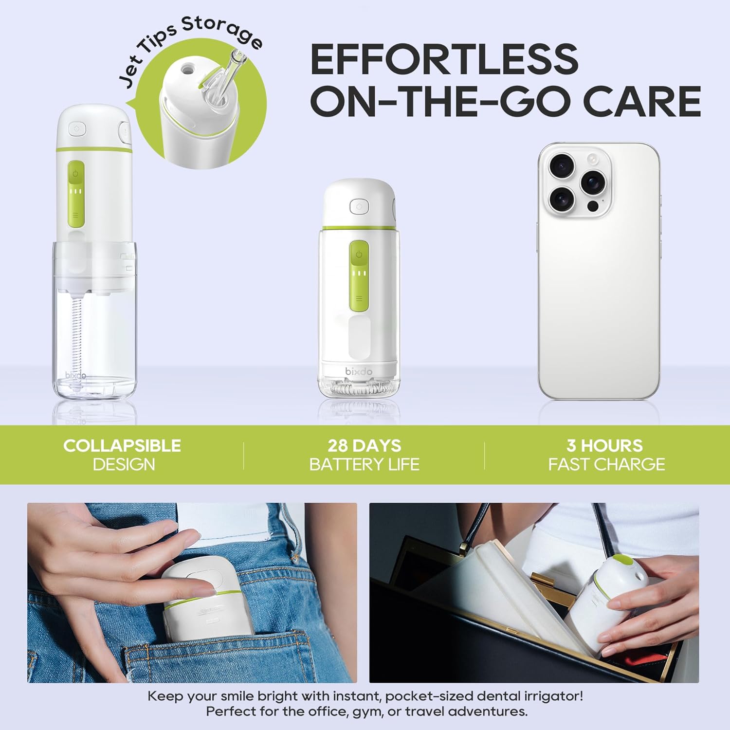 Water Flosser Portable for Travel - Mini Water Flosser with 3 Modes, IPX7 Waterproof, 360° Nozzles, Cordless Water Dental Flosser for Teeth Cleaning Flossing for Adults, Braces & Sensitive Gums