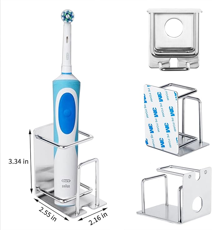 Stainless Steel Adhesive Wall Mounted Toothbrush Holder, 3 in 1 Organizer for Toothbrush, Toothpaste, and Cup (Silver (1 Pack))