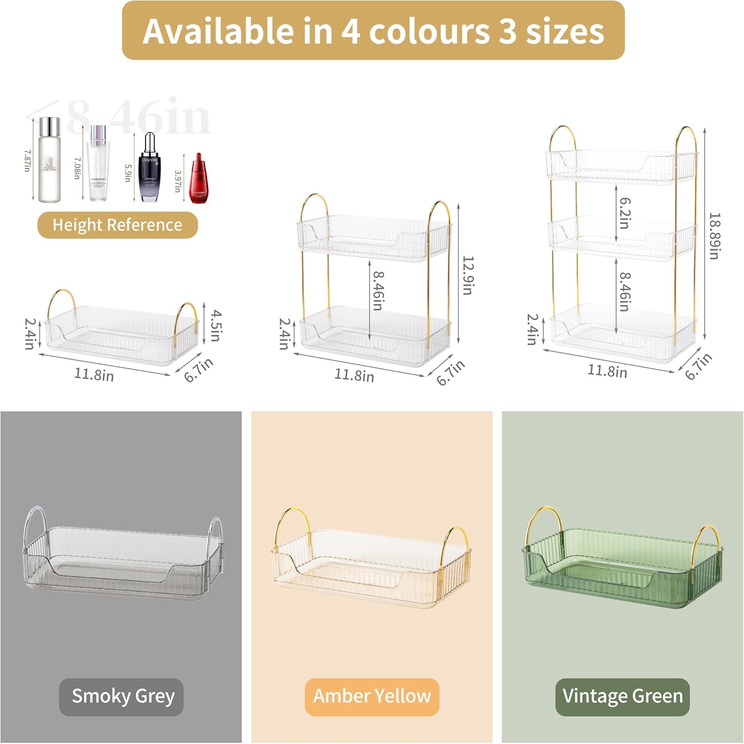 YCIA&DONE Bathroom Organizer Countertop, Makeup Storage, Skincare Cosmetic Tray Shelf, Perfume Holder Rack for Vanity Counter, Large Capacity, Easy to Install, Clean, 1 Tier, Clear White