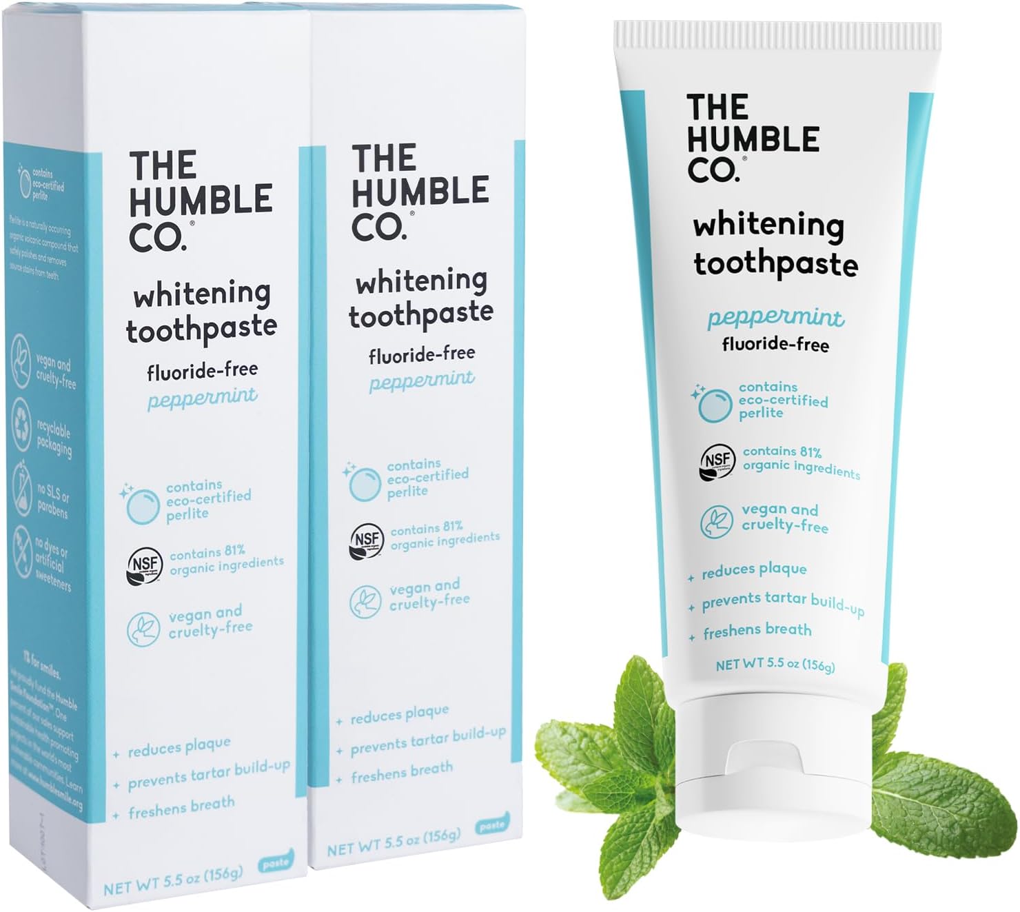 The Humble Co. Natural Whitening Toothpaste - Peppermint, Fluoride Free, Fresh Breath, Plaque Removal, Vegan & Cruelty Free, Non-Toxic SLS Free (5.5 oz, 2pk)