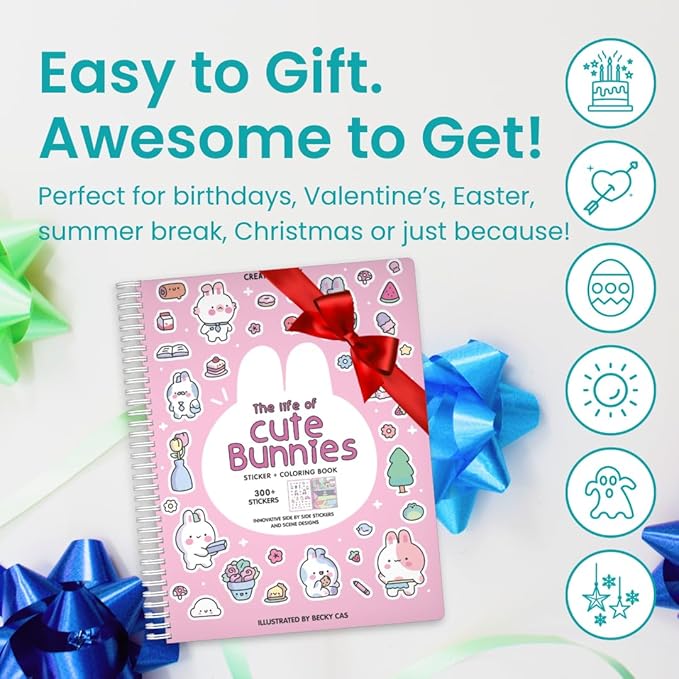 Cupkin Bunny Sticker Book Activity for Kids, Toddler Airplane Travel Essentials, 300+ Bunny Stickers for Kids + 8 Scenes and Coloring Book Pages, Stickers for Toddlers, Crafts Ages 2-8