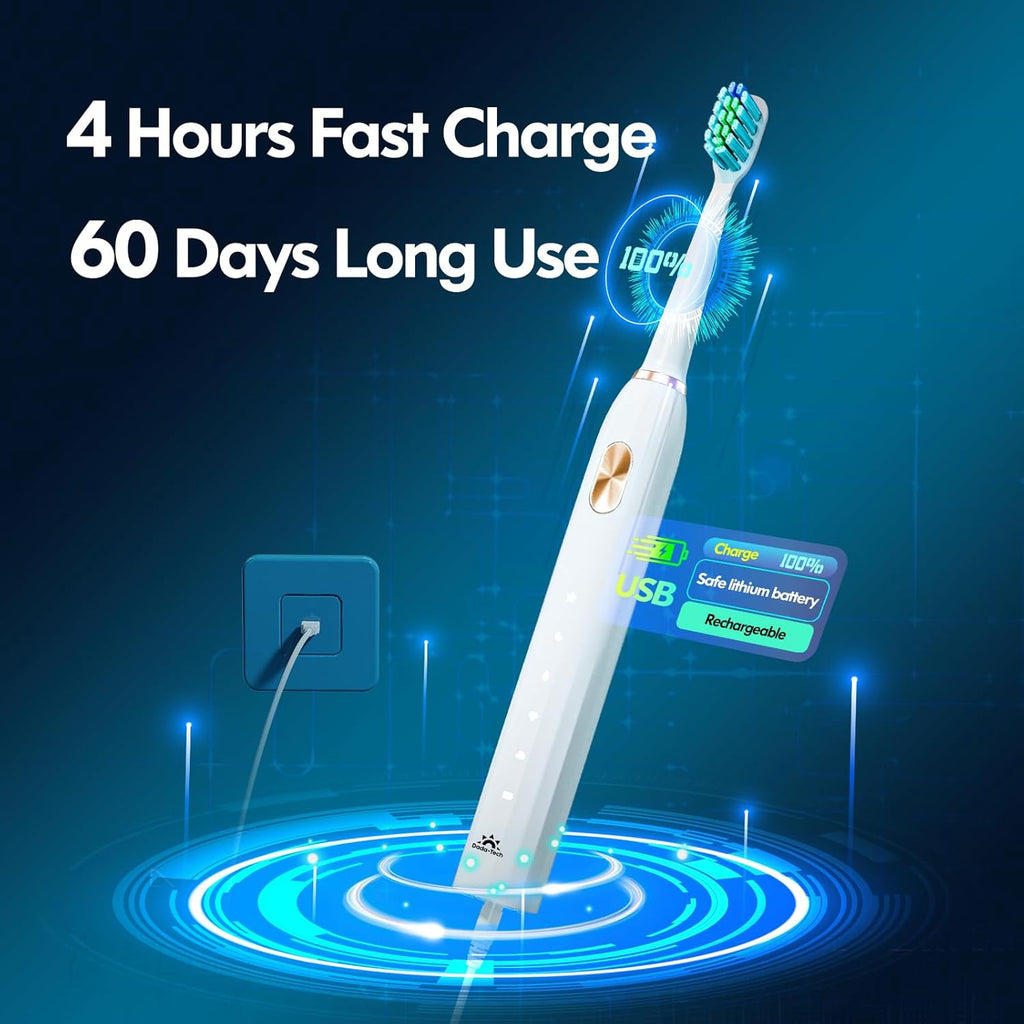 Sonic Electric Toothbrush for Adults and Kids, Ultrasonic Toothbrush Rechargeable with 9 Brush Heads, 5 Modes and 2 Minutes Smart Timer, 4Hours Charge for 60 Days, Roman Column Handle (White)