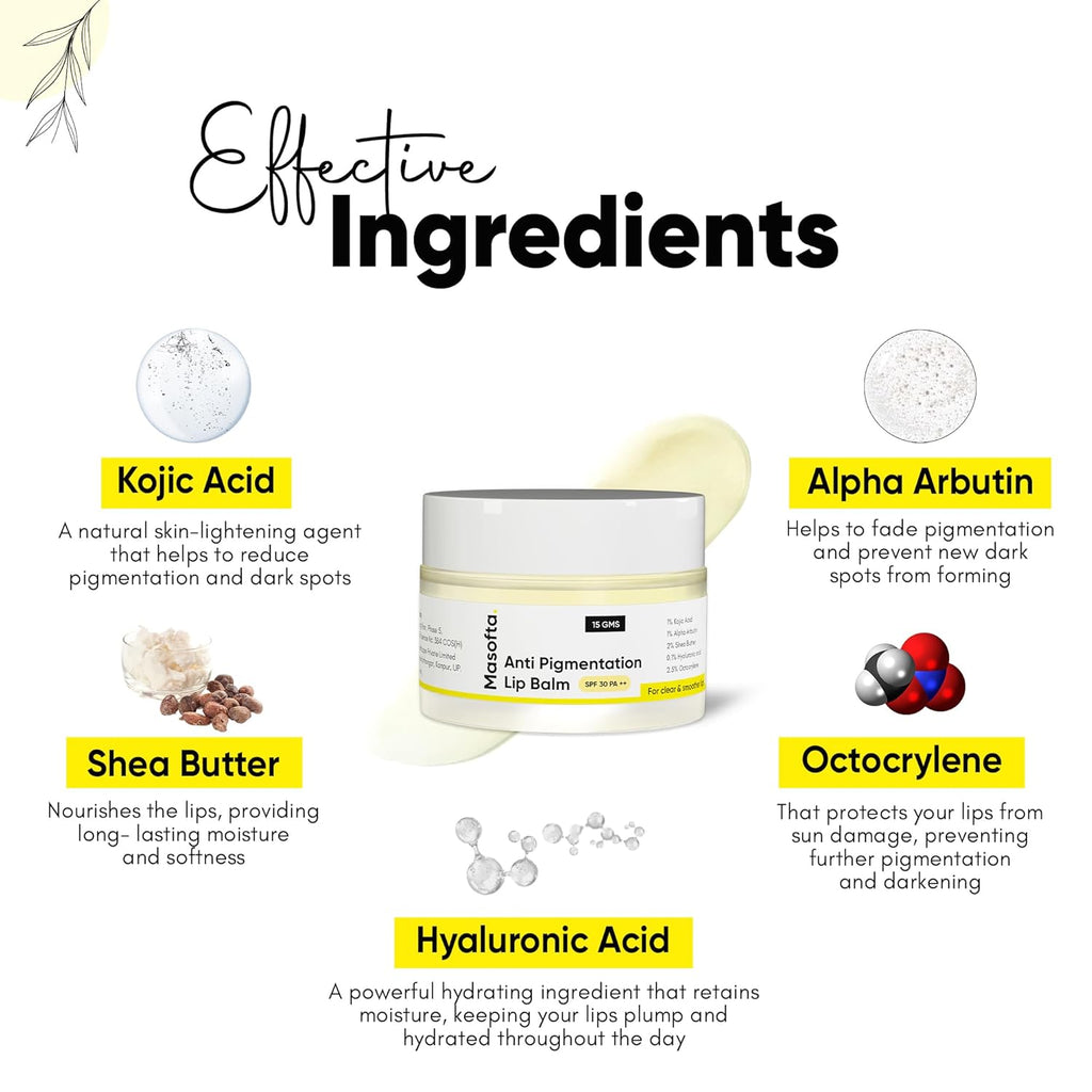 Shea Butter Lip Balm with Kojic Acid, Alpha Arbutin & Shea Butter for Smooth, Crack Free & Clear Lips, SPF 30 PA++, For Men & Women, 0.52 oz/15GMS