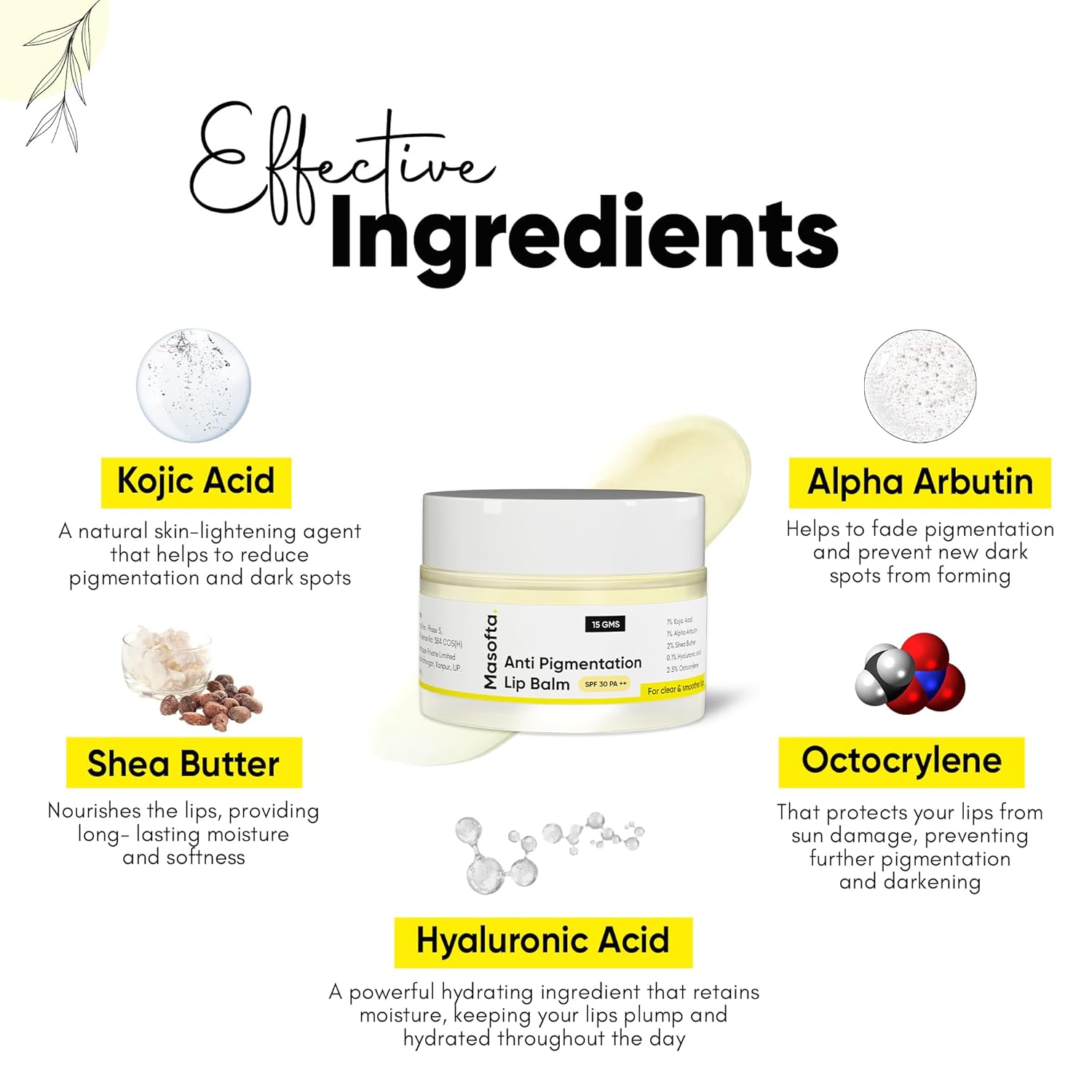 Shea Butter Lip Balm with Kojic Acid, Alpha Arbutin & Shea Butter for Smooth, Crack Free & Clear Lips, SPF 30 PA++, For Men & Women, 0.52 oz/15GMS