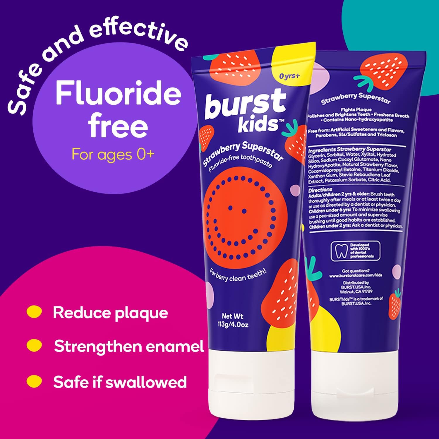 BURST Fluoride Free Strawberry Kids Toothpaste (4oz/2 Pack) | Great Tasting, Dye Free for Baby & Toddler Age 0+ | with Nano Hydroxyapatite