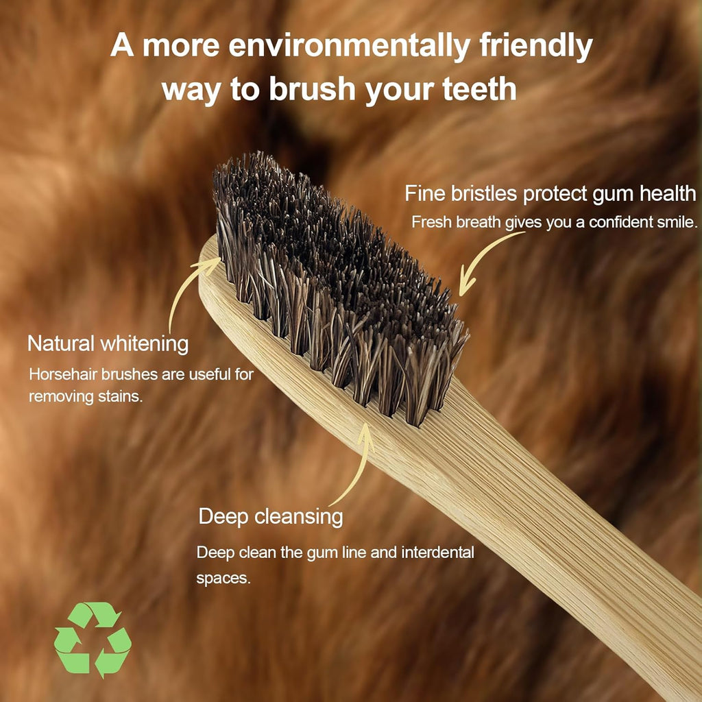 Bamboo Toothbrushes,Travel Toothbrush&Horse Bristle(4-Pack),Natural Soft Bristles for Adults,100% Biodegradable,Plastic & Nylon Free
