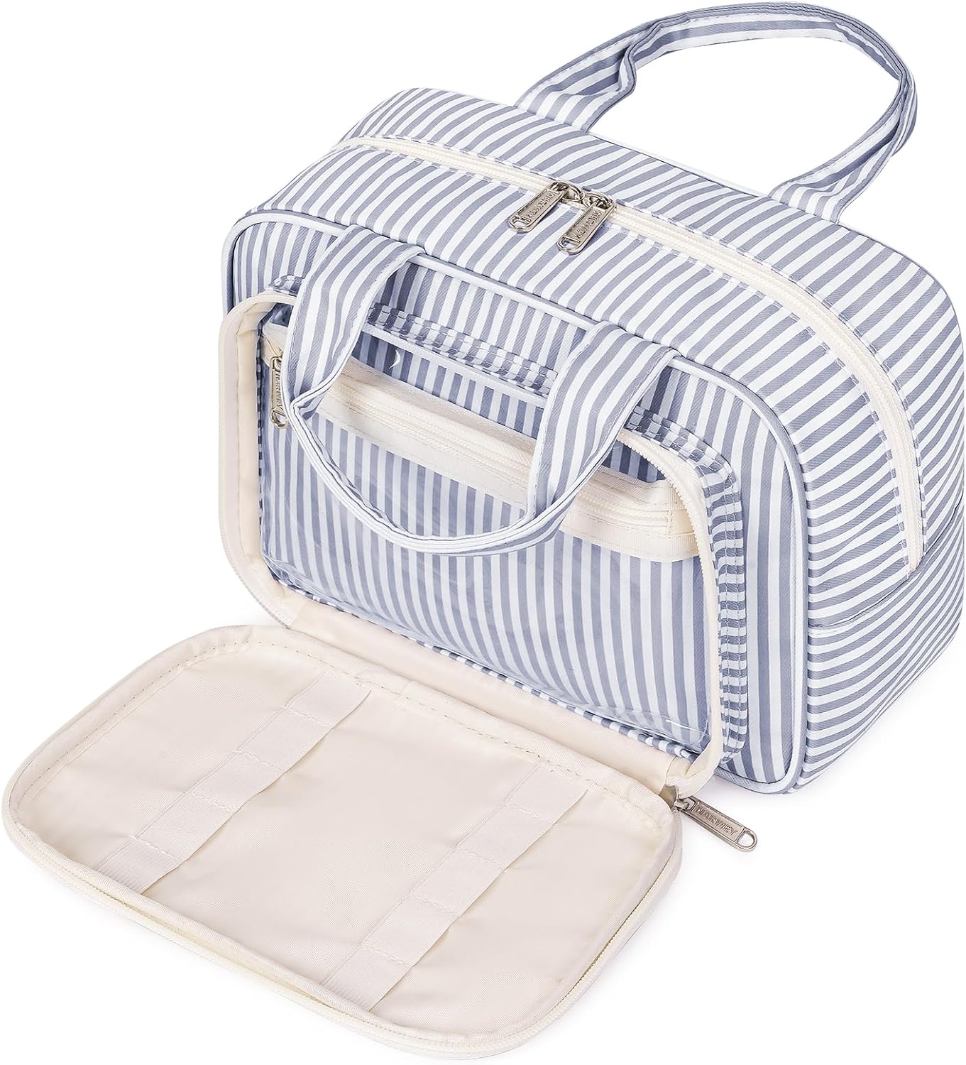 Narwey Large Travel Toiletry Bag for Traveling Women, Cosmetic Makeup Bag Make Up Organizer, Striped Travel Bag for Toiletries with Handle (Greyish Blue Stripe)