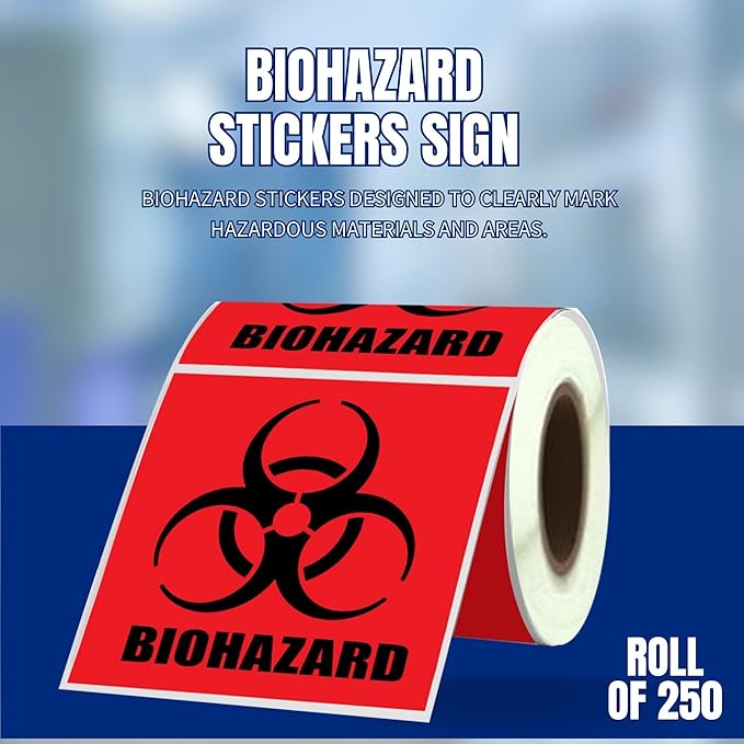 2" x 2" Biohazard Stickers - 250 Labels, Universal Symbol, Coated Paper Signs for Labs, Hospitals & Industrial Use