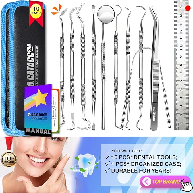 G.CATACC 10 Pack Dental Tools, Professional Plaque Remover for Teeth Cleaning Tools Set, Stainless Steel Hygiene Kit with Dental Pick Tooth Scraper Plaque Tartar Remover Tongue Cleaner - with Case