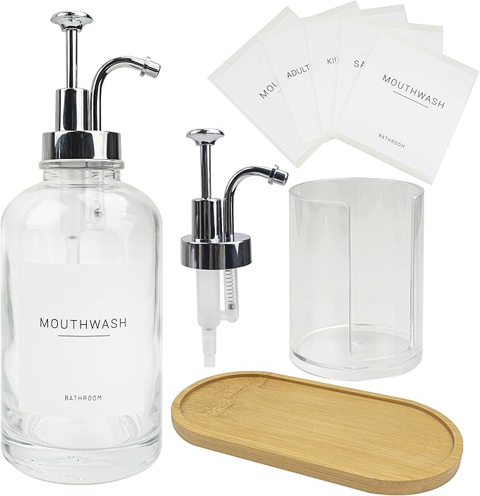 17OZ Mouthwash Clear Glass Pump Dispenser with Disposable Mouthwash Cups Holder Refillable Clear Container with Bamboo Tray, Mouthwash Labels