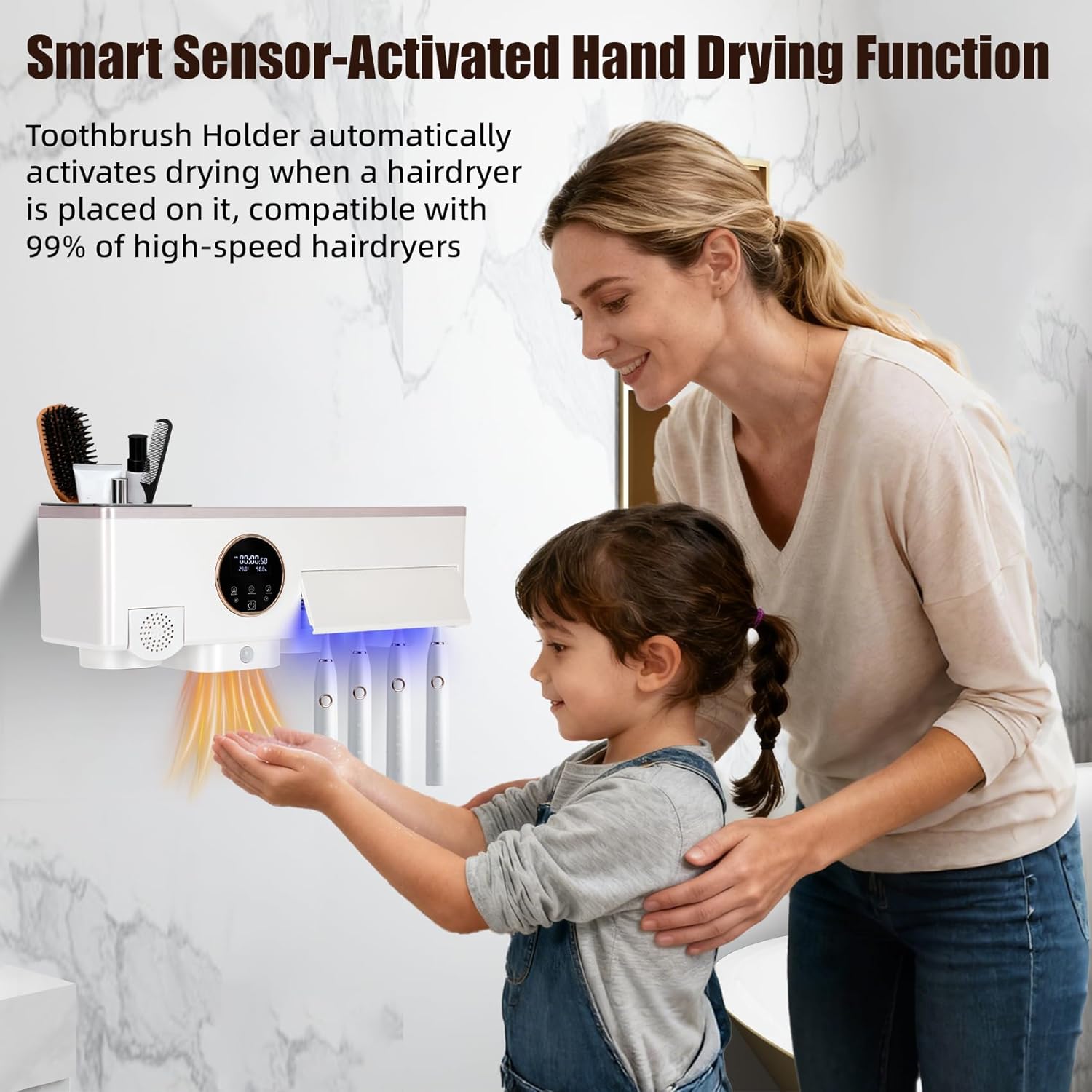 Toothbrush Holder with UV Toothbrush Sanitizer, White Hair Dryer Holder with Timer Function and Touch Screen, Smart Home Bathroom Accessories with Automatic Hand Drying and Sensor Light for Bathroom