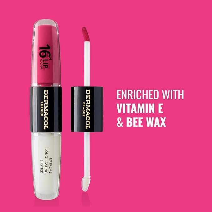 Dermacol NEW 16-Hour Lip Colour, Highly Pigmented Glossy Lip Stain, Two-Phase Lip Plumper Gloss, Kissproof Lip Makeup Products with Matte and Glitter Finish, n.8