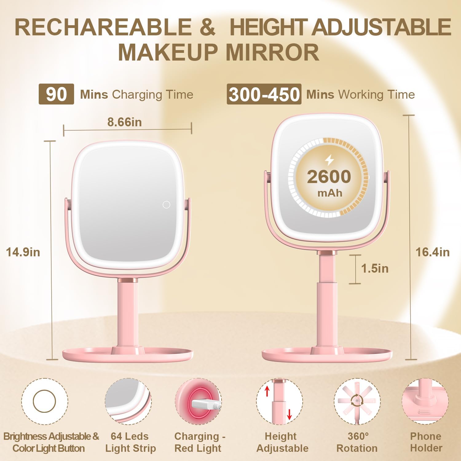 Mocado Makeup Mirror with Lights, 1X/20X Magnifying Mirror with Light, Vanity Mirror with 3 Colors Lights, Height Adjustable Lighted Makeup Mirror, Double Sided 360°Rotation, Memory Function (Pink)