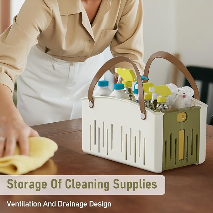 Delamu Portable Shower Basket Caddy with Double Handle Foldable Dry Wet Separation Design 11.0 × 7.1 × 6.5in, Travel, Camping, Gym, College Bathroom Tote, WhiteGreen, Ideal Christmas Gifts for Girls