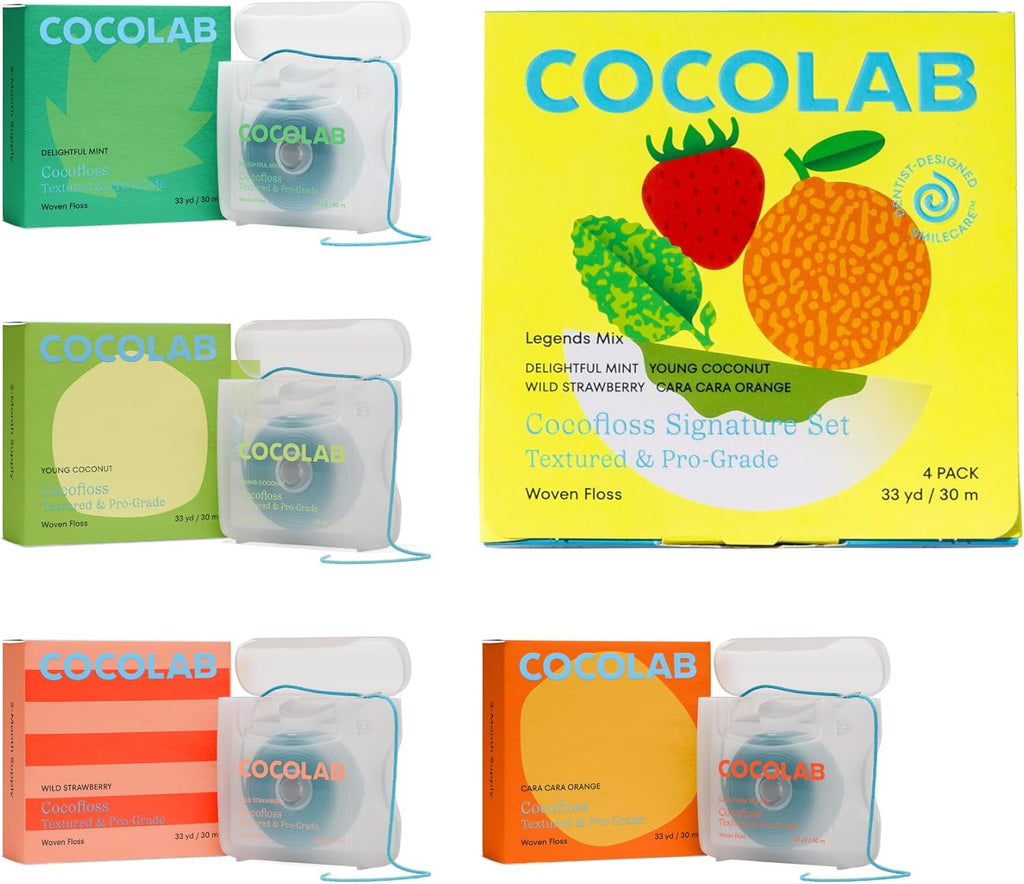 Cocofloss Woven Dental Floss, Dentist-Designed Oral Care, Waxed, Vegan, Kid-Friendly, with Coconut Oil, 4-Pack of Mint, Coconut, Orange, Strawberry (33 yard Each)