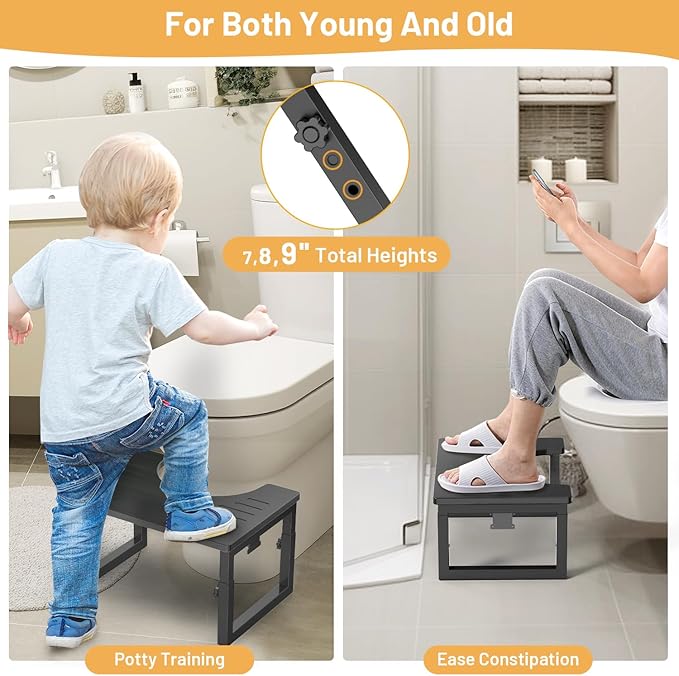 Bamboo Toilet Stool Squat Black, 7 in, 8 in & 9 in Adjustable Heights Pooping Stool for Bathroom Adults Kids, Sturdy Potty Stool with Non-Slip Layer, Improve Squatting Posture, 500 lbs Capacity