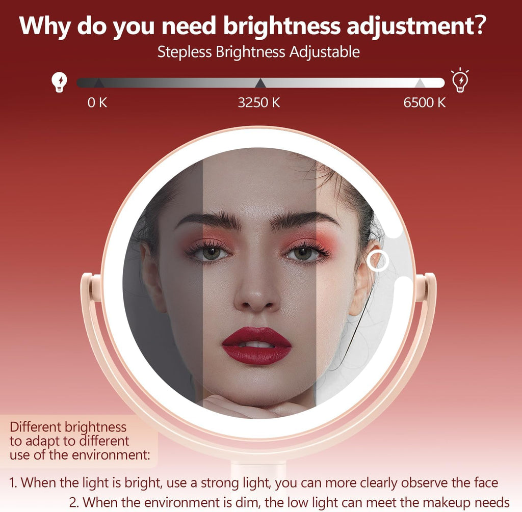 MIYADIVA Makeup Mirror with Lights,20X Magnifying Mirror with Light and Touch Switch,Vanity Mirror with 3 Color Light and 80 LEDs,2-Sided Lighted Magnified Mirrors 8.8 Inches, Pink