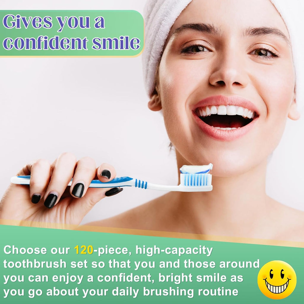 120 Pcs Toothbrush Bulk Disposable, Travel Toothbrushes Pack, Soft Bristle Individually Wrapped and Good Cleaning for Kids, Adult and The Elderly. Suitable for Hotel, Travel, Home, Donated