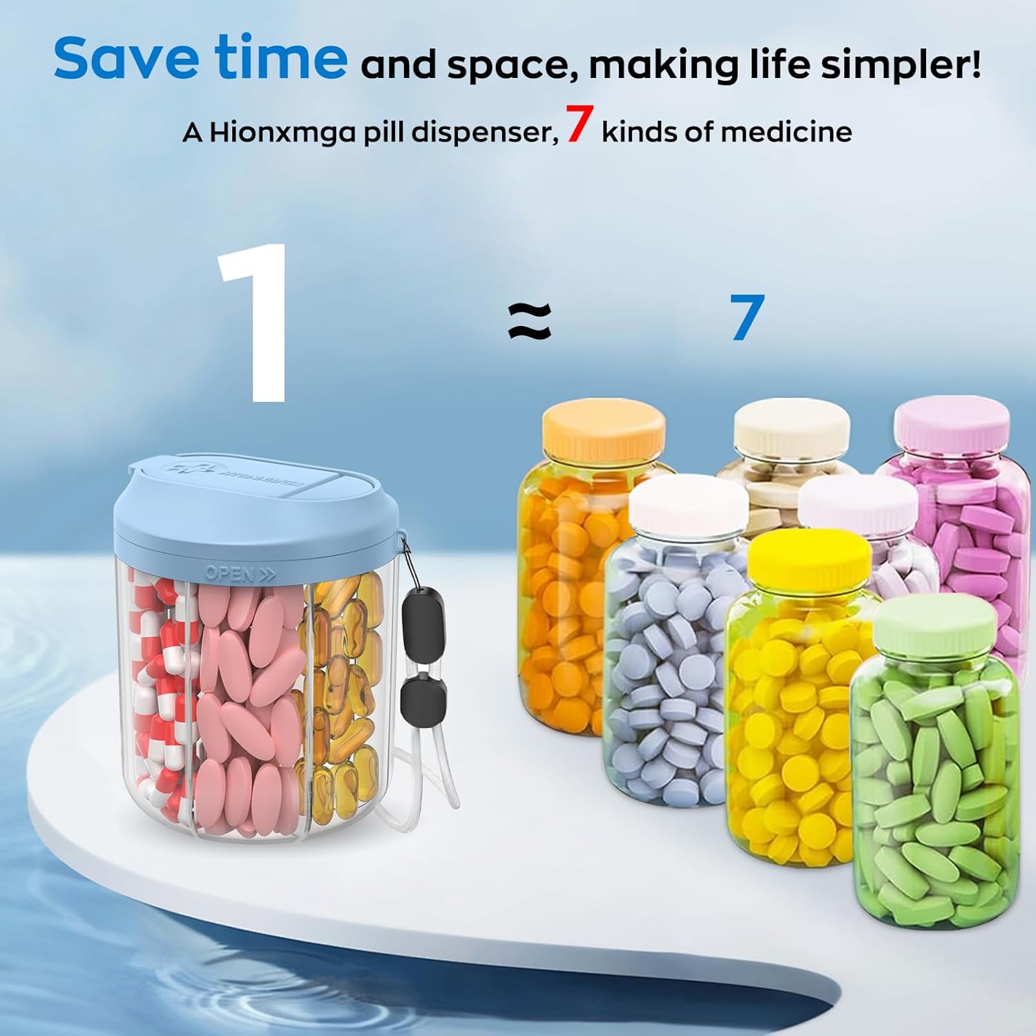 Pill Dispenser with 7 Large Compartments, Pill Organizer for Travel, Supplement Organizer with Anti-Mixing Design, BPA-Free Pill Container with 20 Pcs Labels, Blue+Pink