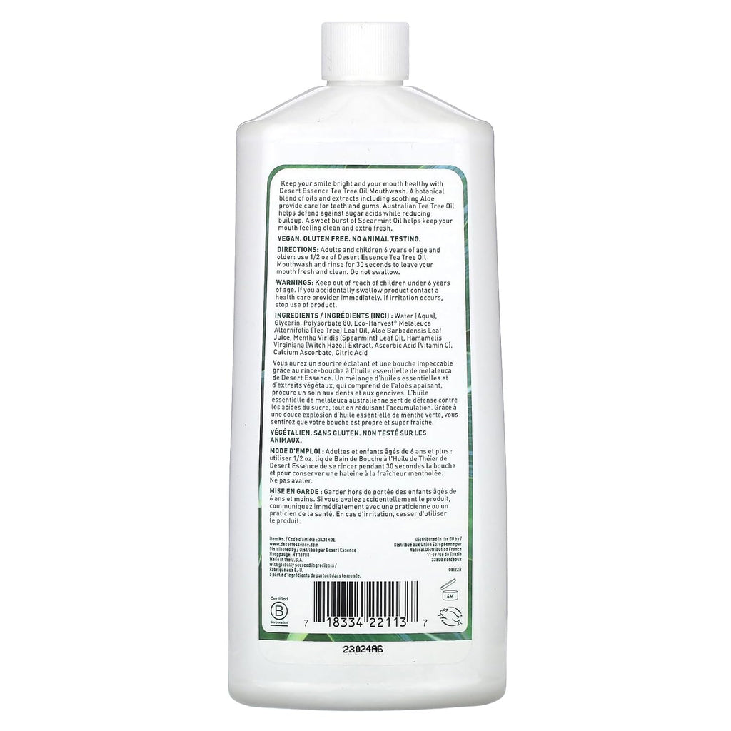 Desert Essence Tea Tree Oil Mouthwash, Spearmint, 16 fl oz - Alcohol Free, Sugar Free, Gluten Free, Vegan, Cruelty Free, Non-GMO - Aloe, Vitamin C & Spearmint Essential Oil - Healthy Teeth & Gums