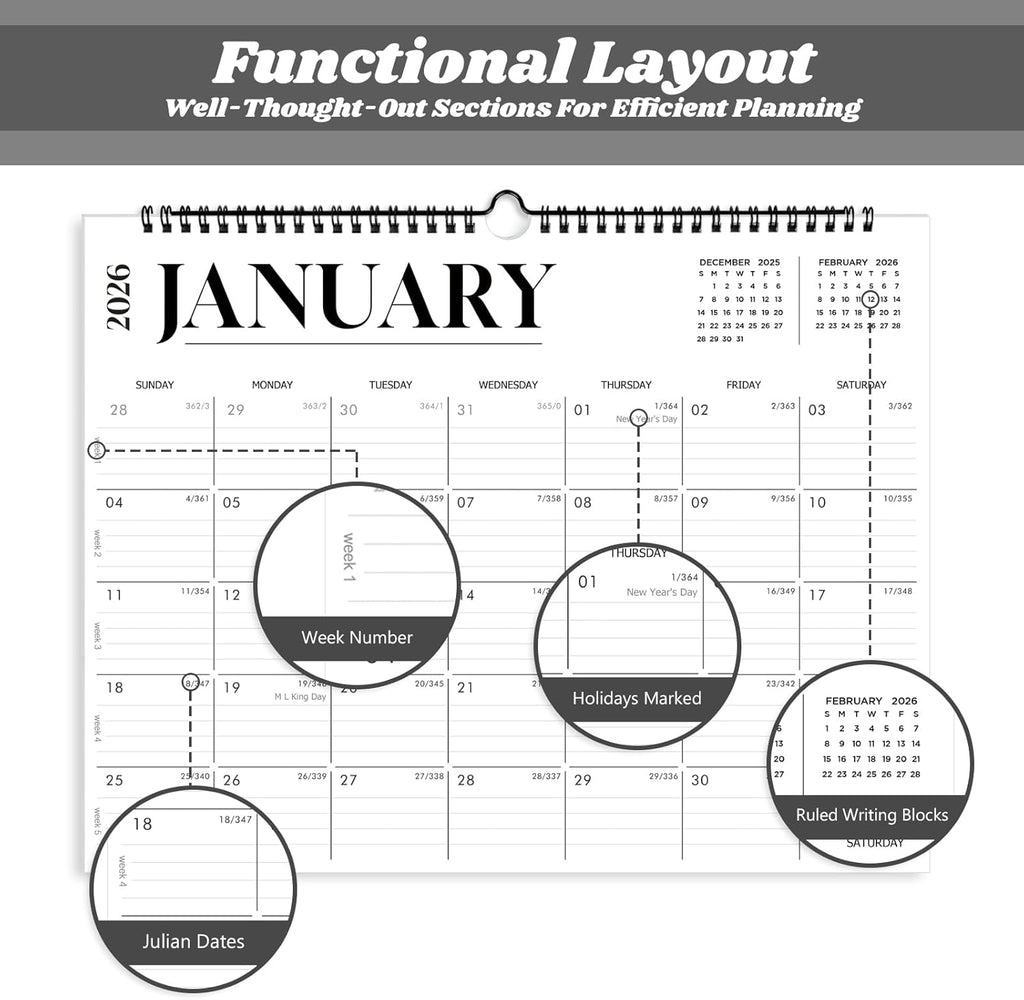 2026 Calendar, Wall Calendar 2026-2027, 18 Month Calendar January 2026 - June 2027, 14.8" X 11.5", Calendar with Twin-Wire Binding, Hanging Hook and Julian Dates (White)