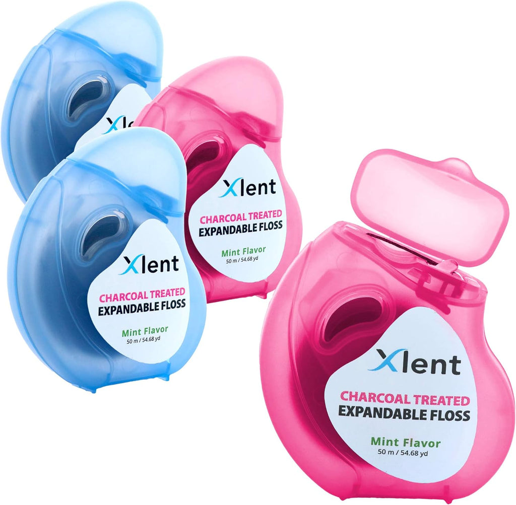 Expandable Floss Treated with Activated Charcoal with Xylitol and Natural Plant Based Wax |Fresh Mint Flavor | 50 Meter (4 Count)