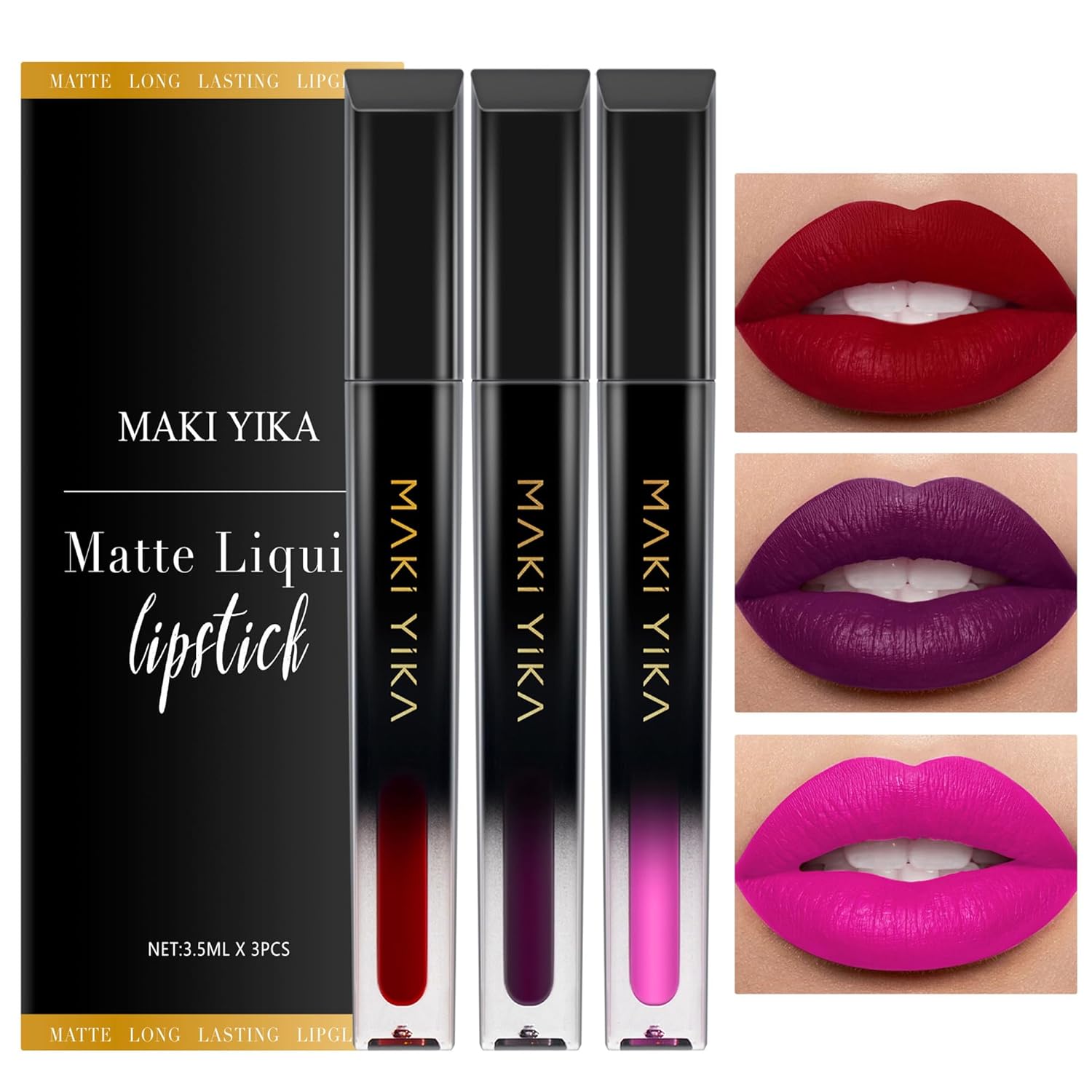 MAKI YIKA 3Pcs Matte Liquid Lipstick Makeup Set Red Purple Pink Lipstick Long Lasting Smudge Proof Non Transfer Lip Makeup, Purple/Pink/DeepRed