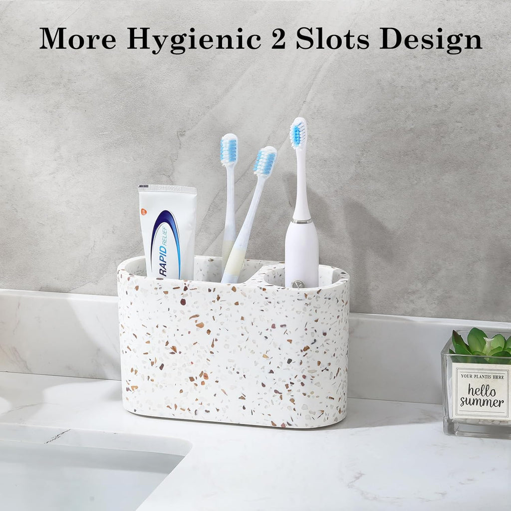Luxspire Toothbrush Holder, 2 Slots Toothbrush and Toothpaste Holdersfor Bathrooms, Resin Toothbrush Holder Electric Toothbrush Stand for Vanity Countertop, Bathroom Accessories, Terrazzo