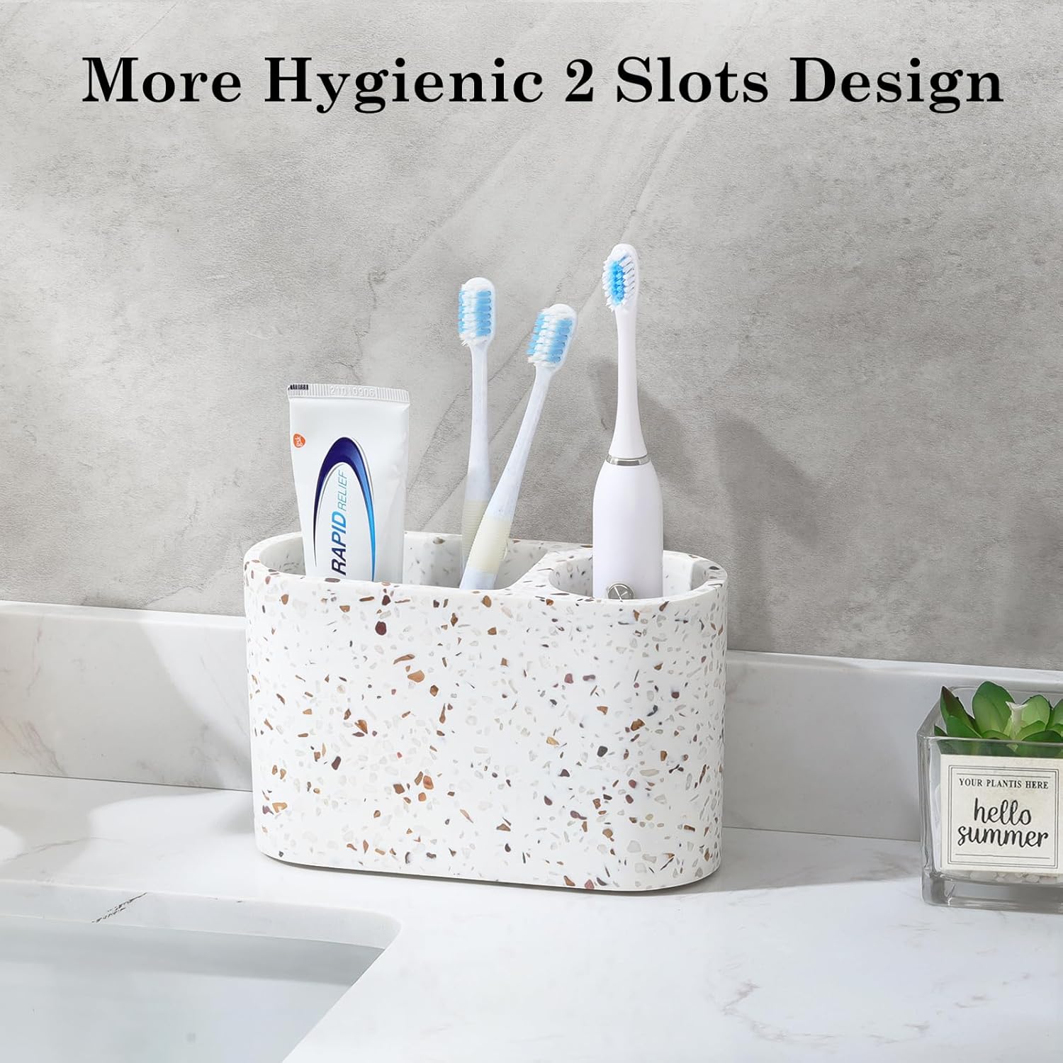 Luxspire Toothbrush Holder, 2 Slots Toothbrush and Toothpaste Holdersfor Bathrooms, Resin Toothbrush Holder Electric Toothbrush Stand for Vanity Countertop, Bathroom Accessories, Terrazzo