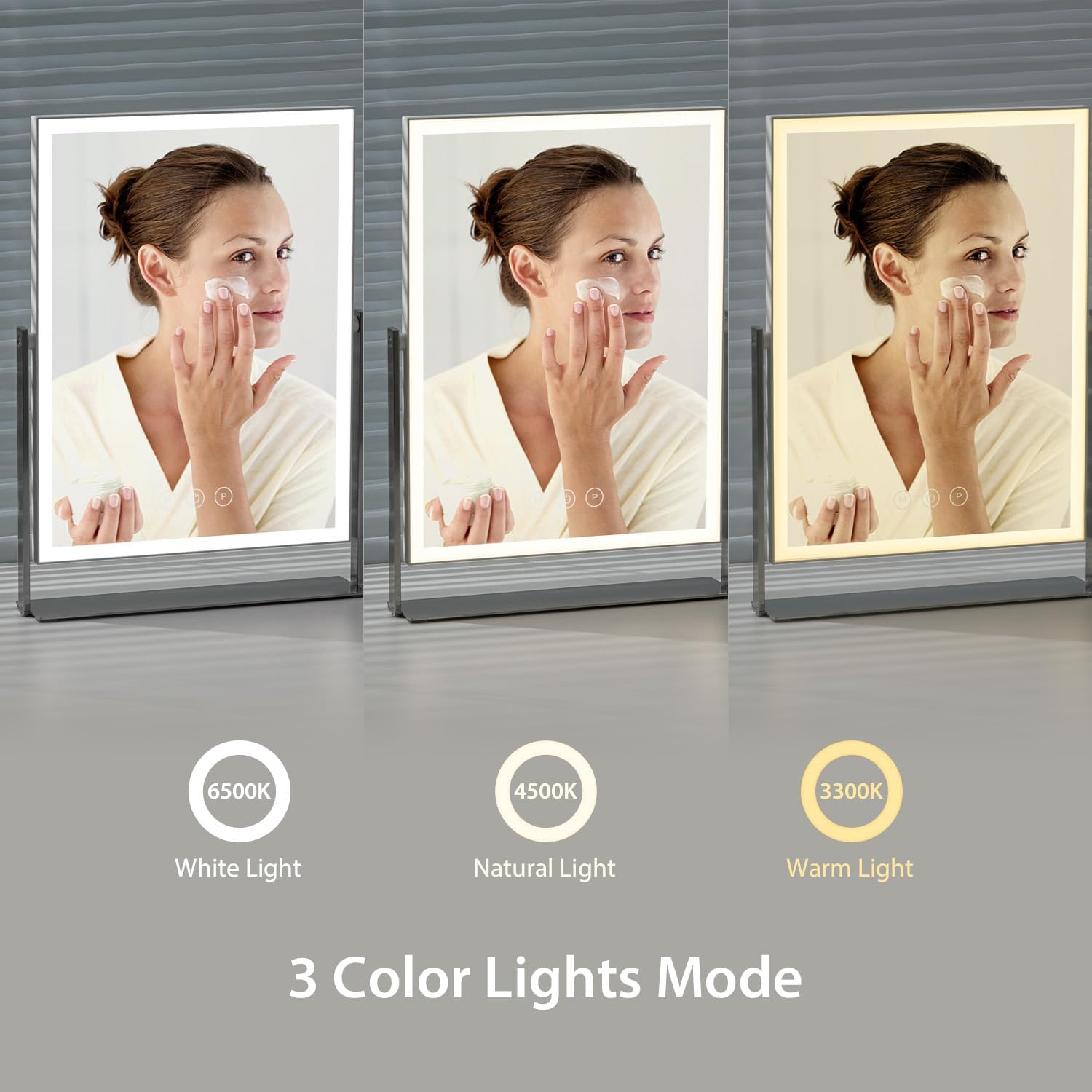 Rechargeable Vanity Mirror with Lights, Table Mirror with Stand, Makeup Mirror with 3 Colors and Brightness Adjustable, 3000mAh Battery, 14×10 Inch