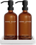Amber Glass Soap and Lotion Dispenser Set with Tray by Brighter Barns - Hand Soap Dispenser Bathroom Set & Stainless Steel Pump for Home, Restaurant, Spa - Neutral Bathroom Decor & Accessories (Amber)