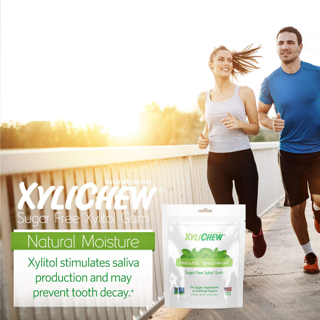 Xylichew 100% Xylitol Chewing Gum - Non GMO, Non Aspartame, Gluten Free, and Sugar Free Gum - Natural Oral Care, Relieves Bad Breath and Dry Mouth - Spearmint, 50 Count