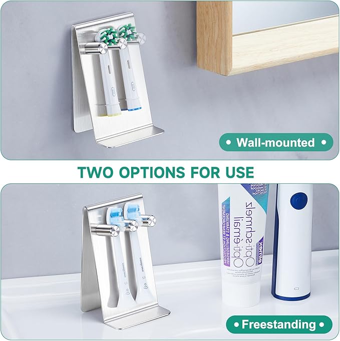 Electric Toothbrush Head Holder Adhesive or Tabletop, Tooth Brush Holder for Bathroom, Electric Toothbrush Holders Wall Mounted, Stainless Steel Tooth Brushing Holder, Brushed Brush Head Holder