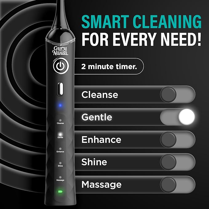 GuruNanda Pressure Sonic 2.0 Electric Toothbrush with Butter On Gums Bristles – Smart Pressure Sensor, 5 Modes, 2-Min Timer, 55-Day Rechargeable Battery, IPX7 Waterproof, Black