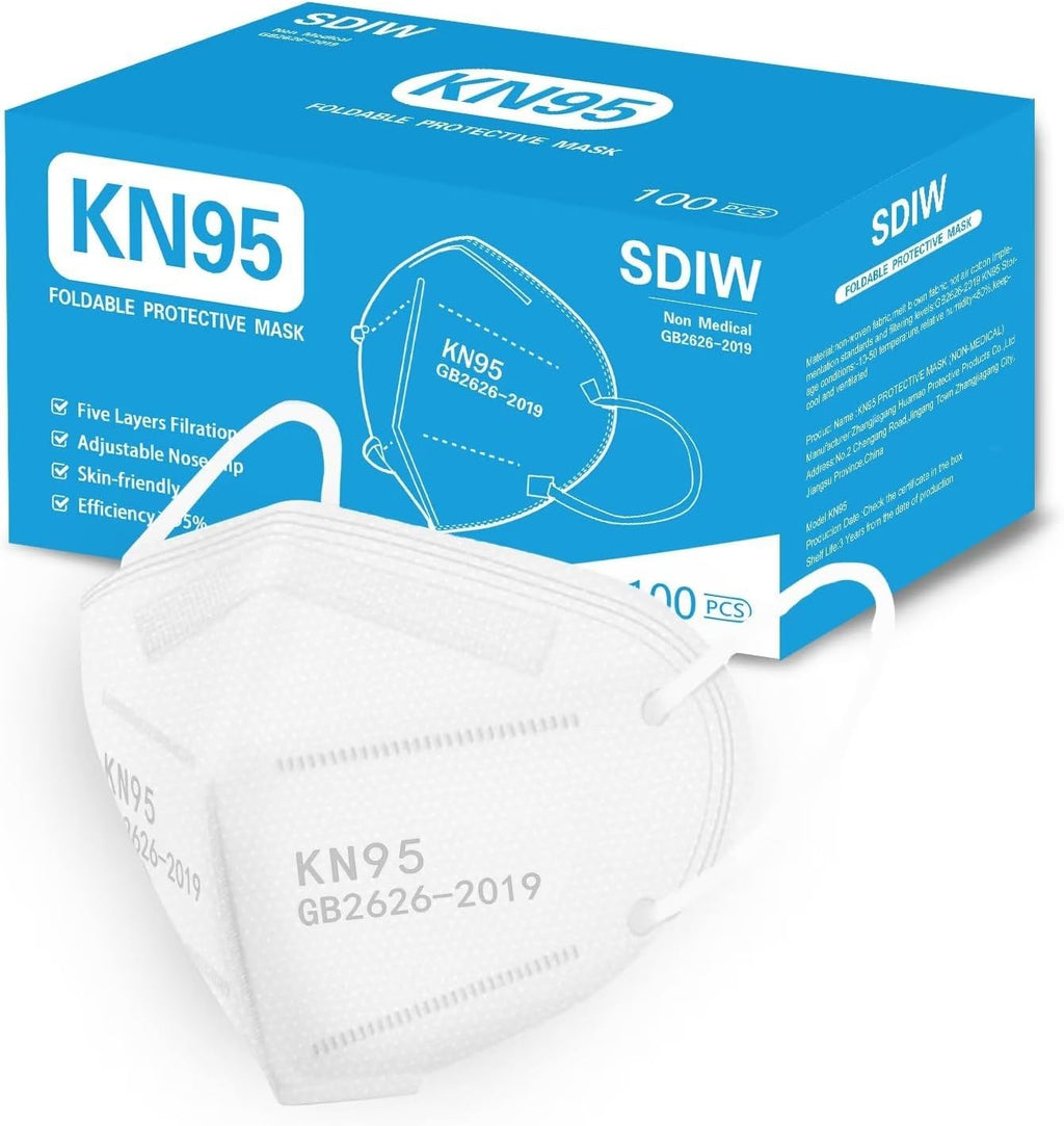 100PCS KN95 Face Masks 5 Layer Filter Efficiency≥95% with Elastic Ear Loop and Nose Bridge Clip Breathable Mask White