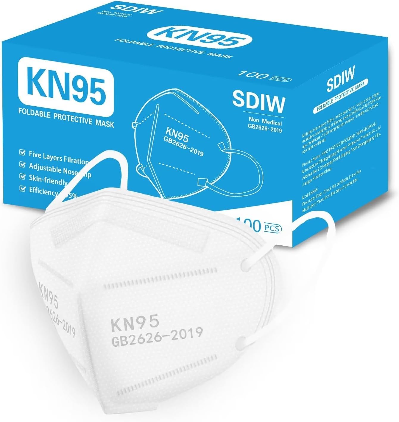 100PCS KN95 Face Masks 5 Layer Filter Efficiency≥95% with Elastic Ear Loop and Nose Bridge Clip Breathable Mask White