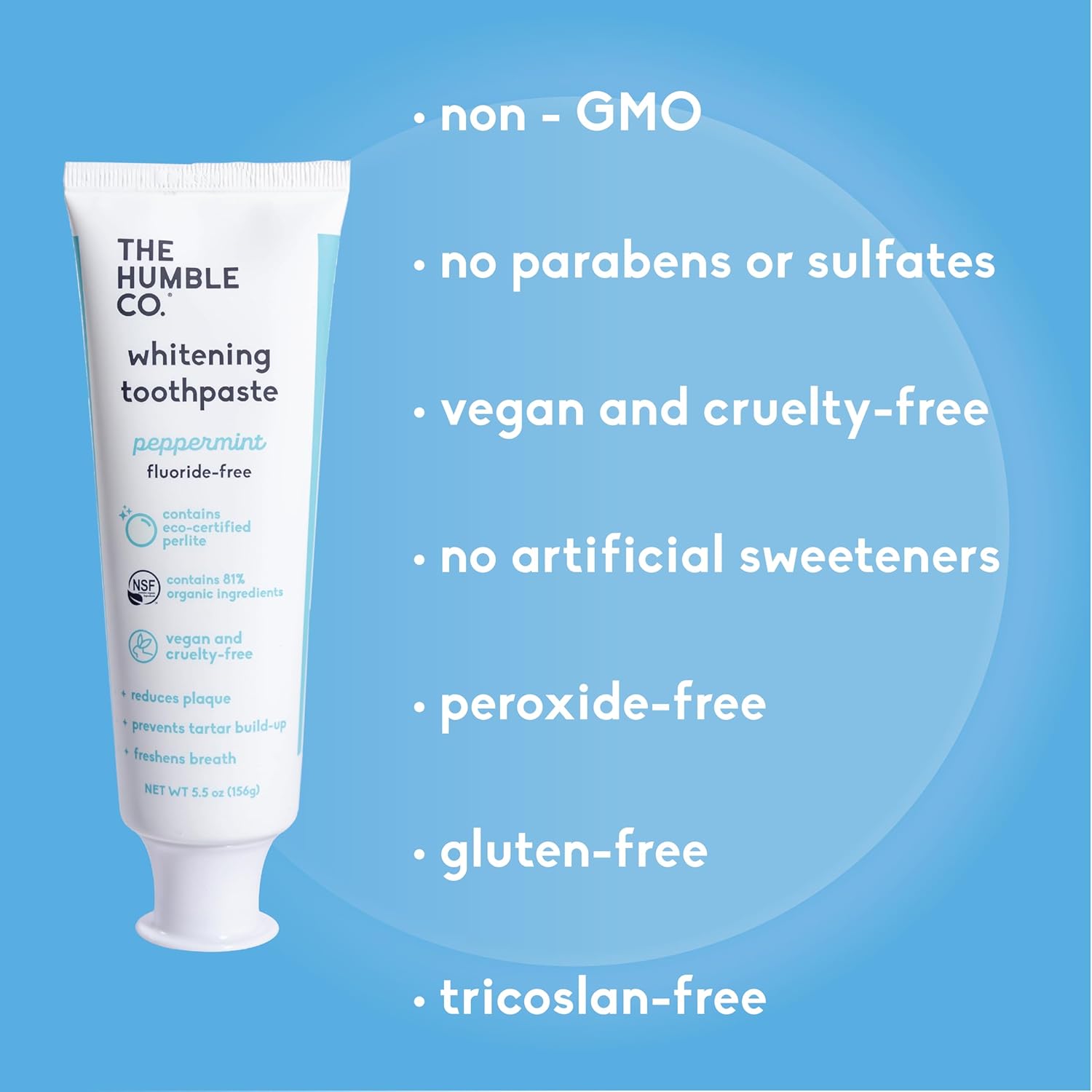 The Humble Co. Natural Whitening Toothpaste - Peppermint, Fluoride Free, Fresh Breath, Plaque Removal, Vegan & Cruelty Free, Non-Toxic SLS Free (5.5 oz, 2pk)