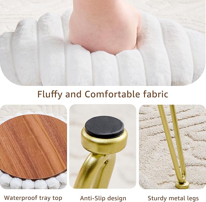 Wimarsbon Vanity Stool with Storage, Faux Fur Ottoman Chair with Metal Legs, Round Makeup Vanity Chair for Bedroom or Dressing Table, Modern Small Ottoman Seat (White)