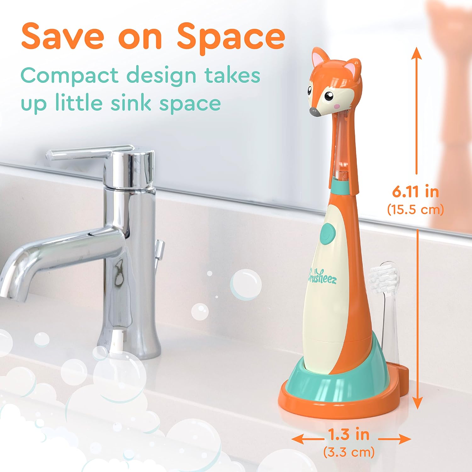 Brusheez Little Toddlers’ Sonic Toothbrush - Safe & Gentle Toothbrush for Ages 1-3 with Built-in, Light-Up 2-Minute Timer, Extra Brush Head, & Storage Base for First-Time Brushers (Fuzzy The Fox)