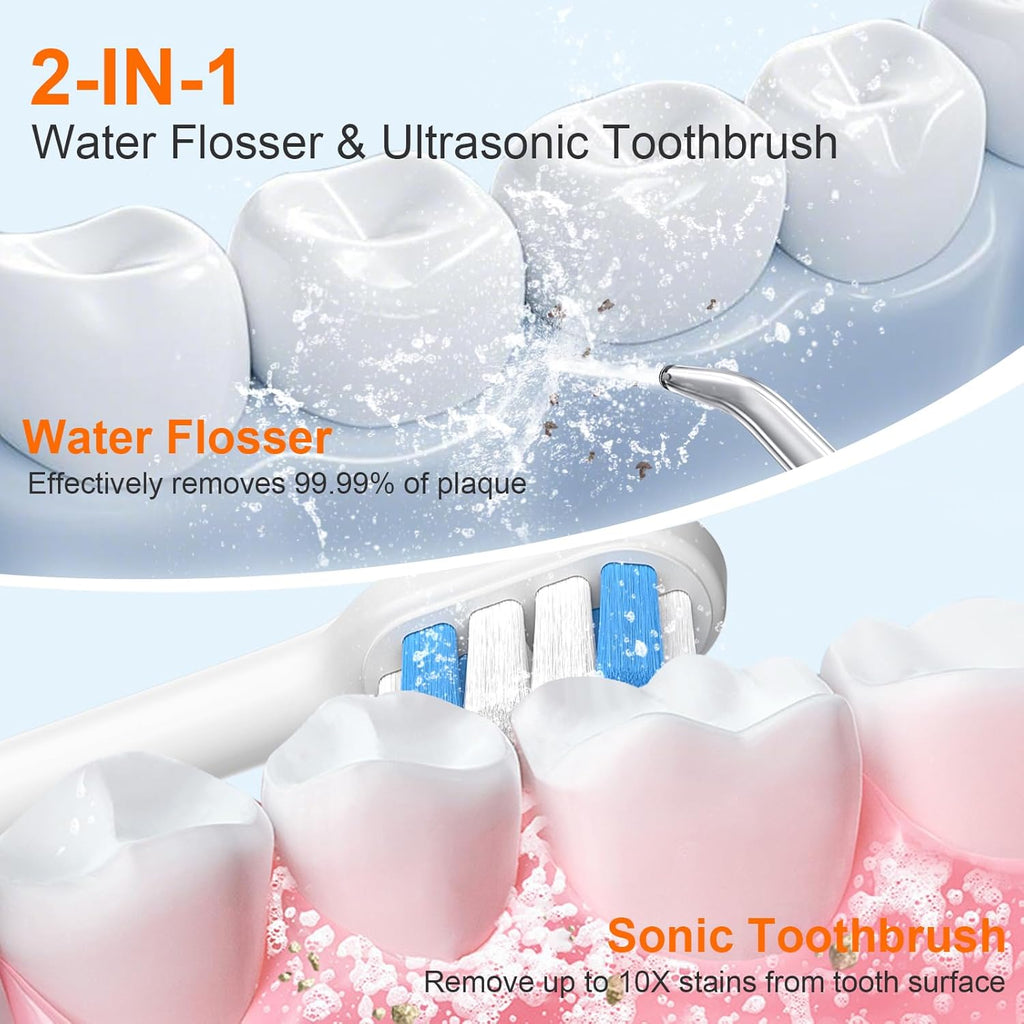 H2ofloss Sonic Electric Toothbrush and Water Flosser Combo, Rechargeable 2000mAh Toothbrush and 2500mAh Oral Irrigator with 300ml Tank, 4 Brush Heads, 5 Nozzles, 2 in 1 for Home and Travel (White)