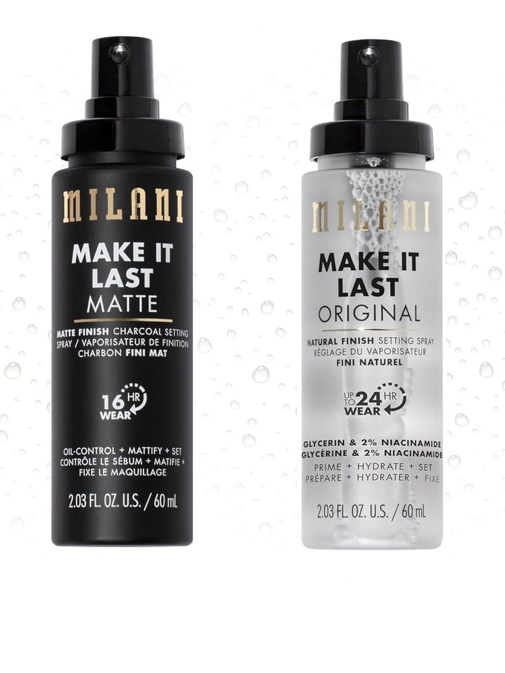 Milani Setting Spray + Primer, Make It Last Original - Natural Finish with Niacinamide for Hydration & Make It Last Matte- Oil Absorbing Charcoal Formula to Control Shine - 2 Pack