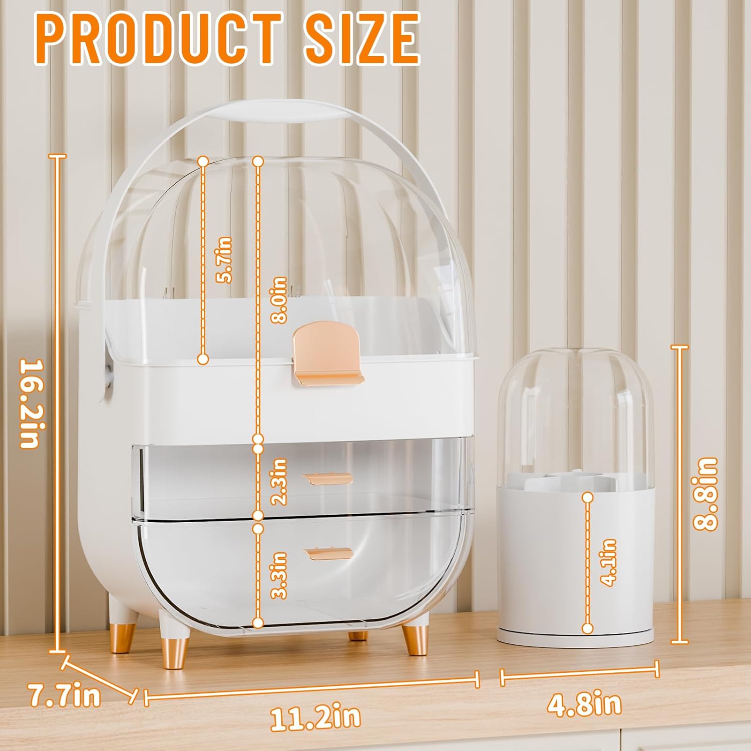 Yieach Countertop Makeup Organizer for Vanity,Large Capacity Skincare Organizers With Drawers and Makeup Brush Holder,Cosmetic Display Cases with Clear Cover for Bathroom,Dresser,Beauty Product,White