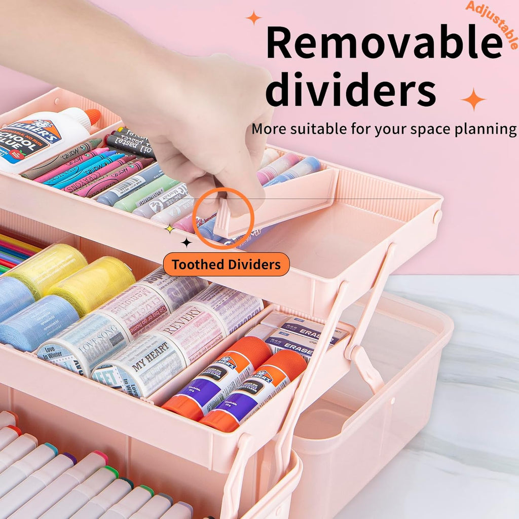14in 3-Layer Multipurpose Craft Organizers and Storage with Adjustable Dividers, Portable Tackle Box, Folding Art & Craft Case for Medicine, Tool, Sewing Organizer (Pink, X-Large)