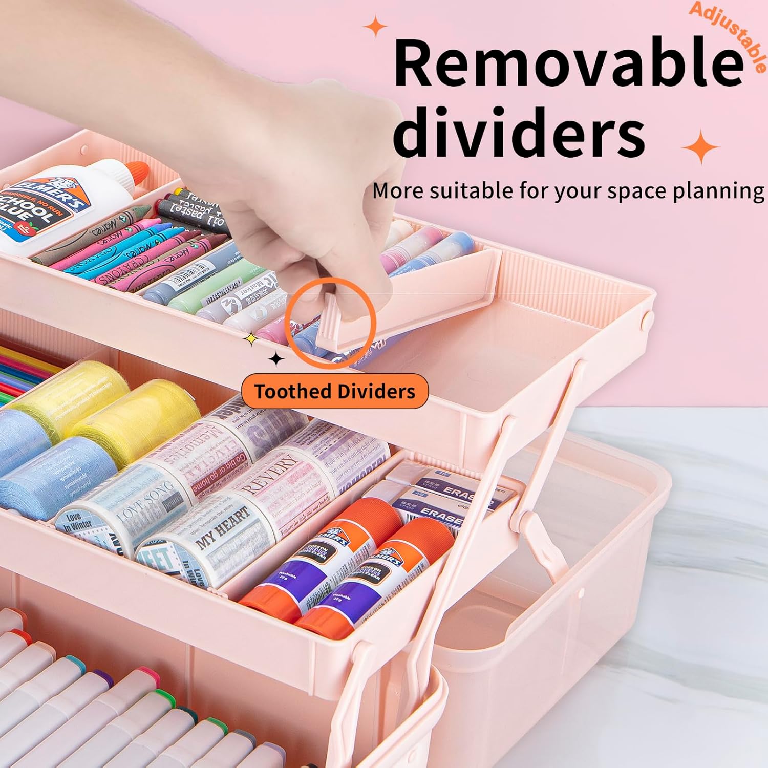 14in 3-Layer Multipurpose Craft Organizers and Storage with Adjustable Dividers, Portable Tackle Box, Folding Art & Craft Case for Medicine, Tool, Sewing Organizer (Pink, X-Large)