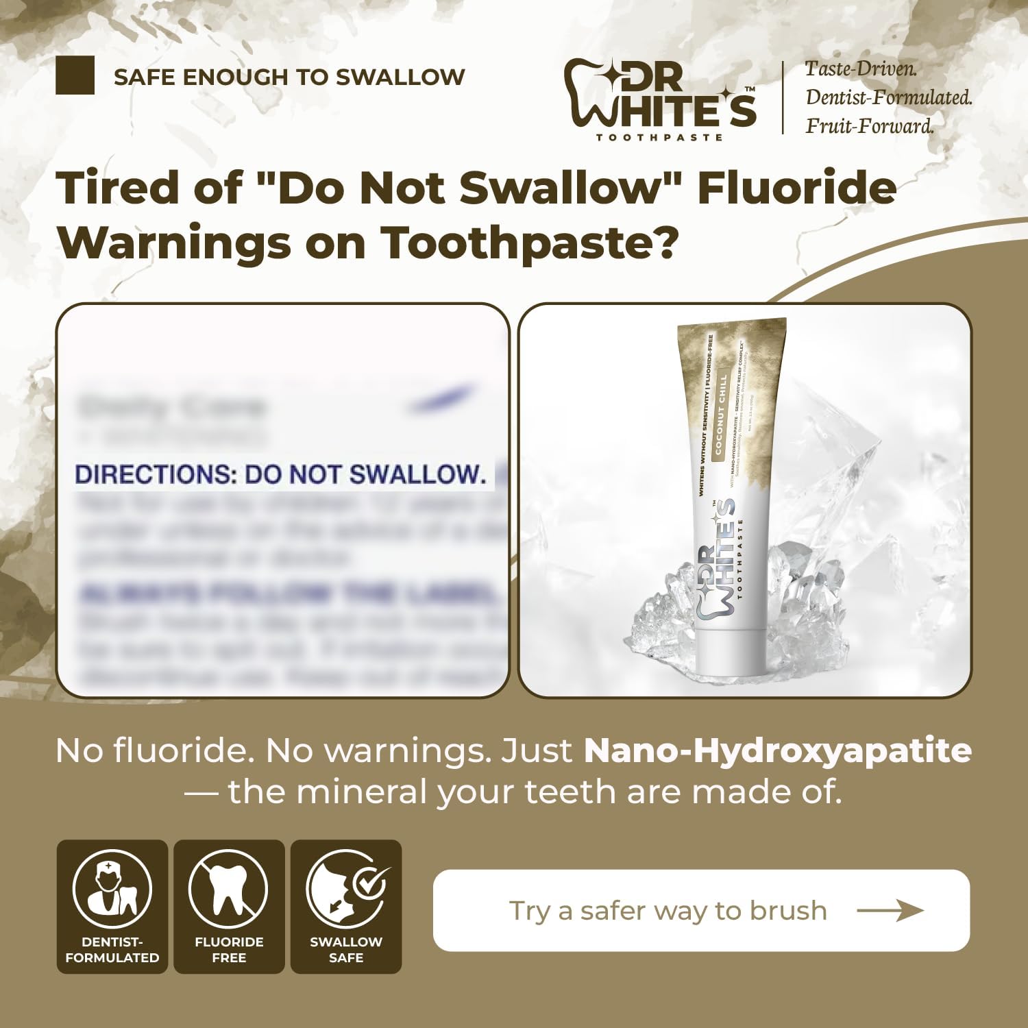 Dr. White’s Fluoride-Free nHA Toothpaste 3-Pack; Dentist-Formulated, Nano Hydroxyapatite + Xylitol, Sensitivity Relief Complex™, Mint-Free, Enamel Safe, Swallow-Safe (3.5 Oz, Coconut Chill)