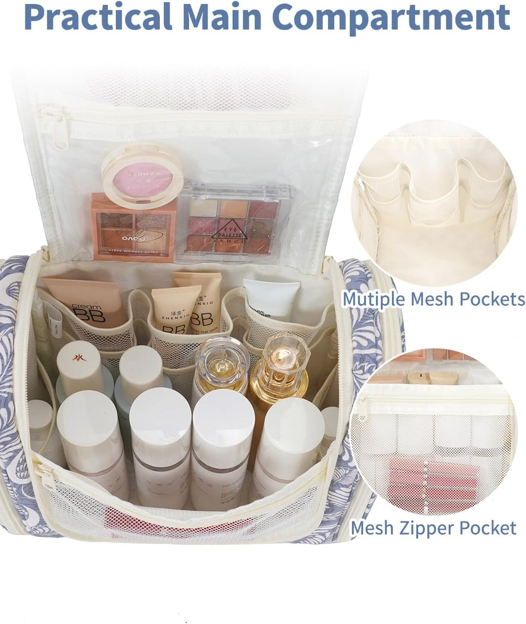 Narwey Hanging Toiletry Bag for Women Travel Makeup Bag Organizer Toiletries Bag Men for Cosmetics Essentials Accessories(Large, Blue Leaf)