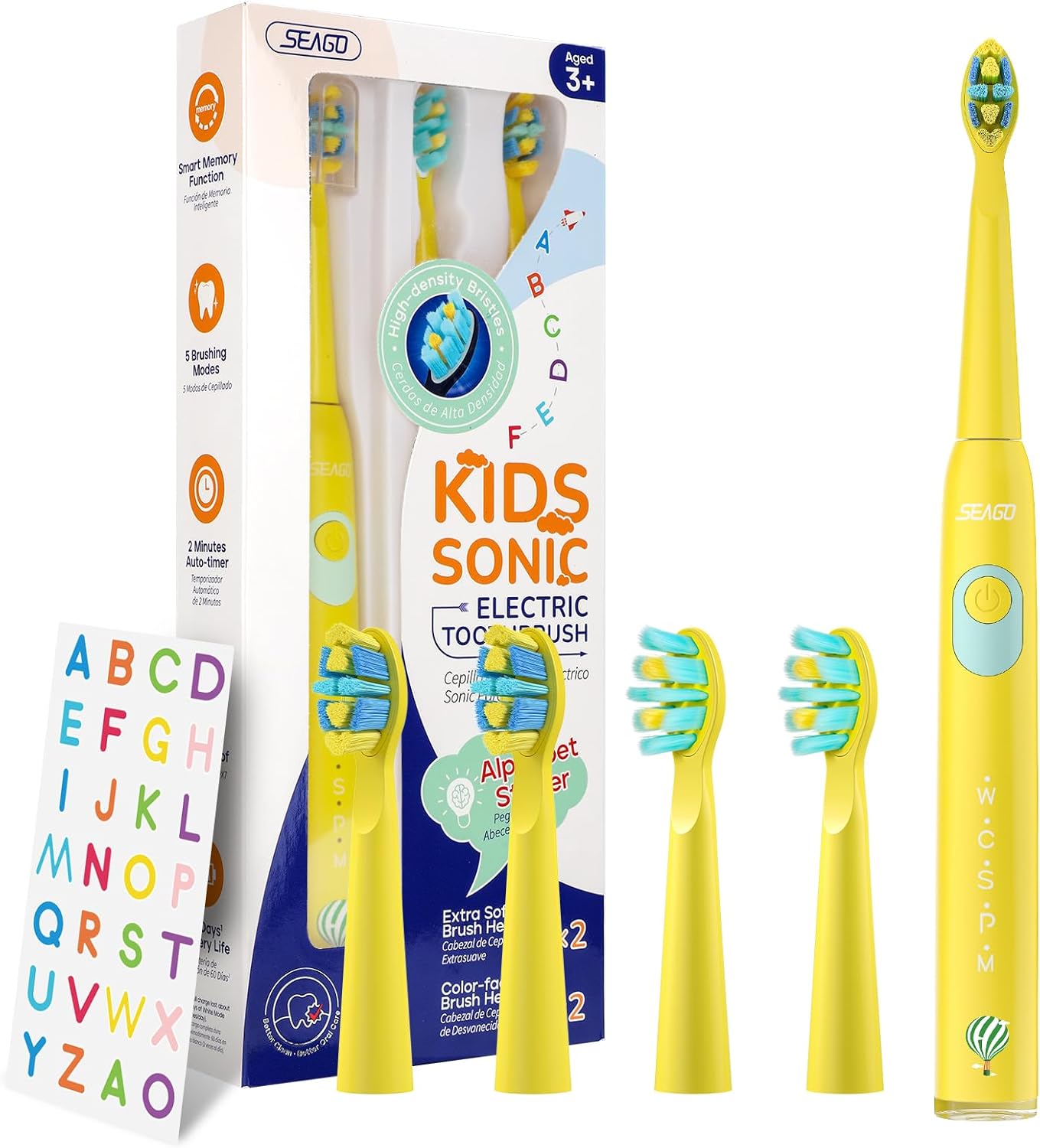 SEAGO Kids Electric Toothbrush, Sonic Soft Bristle Rechargeable Toothbrushes with DIY Stickers, 5 Modes, Includes 4 Replacement Brush Heads, Ages 3 to 12 Years Old (Yellow)